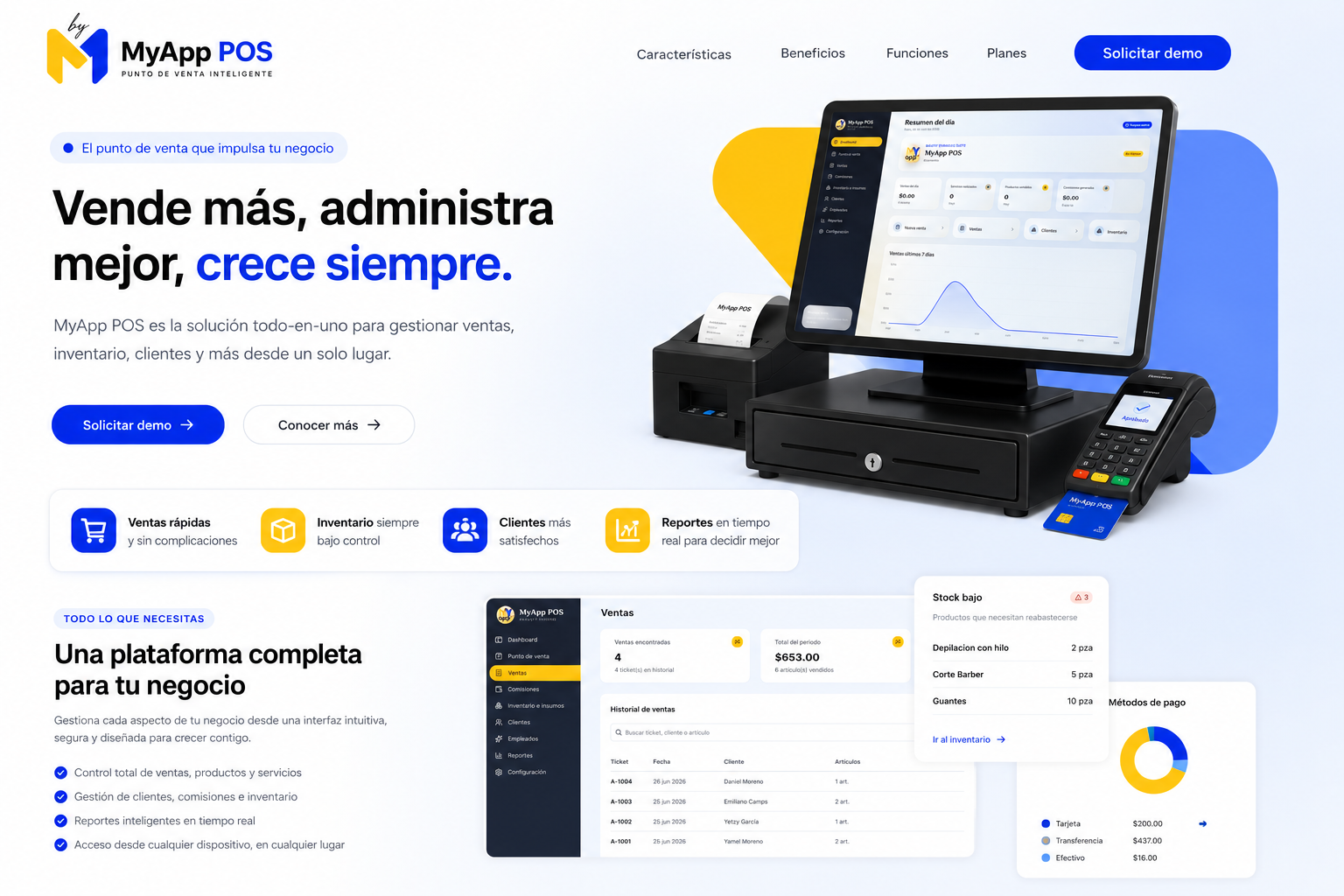 Dashboard de MyApp POS con resumen de ventas, inventario y reportes